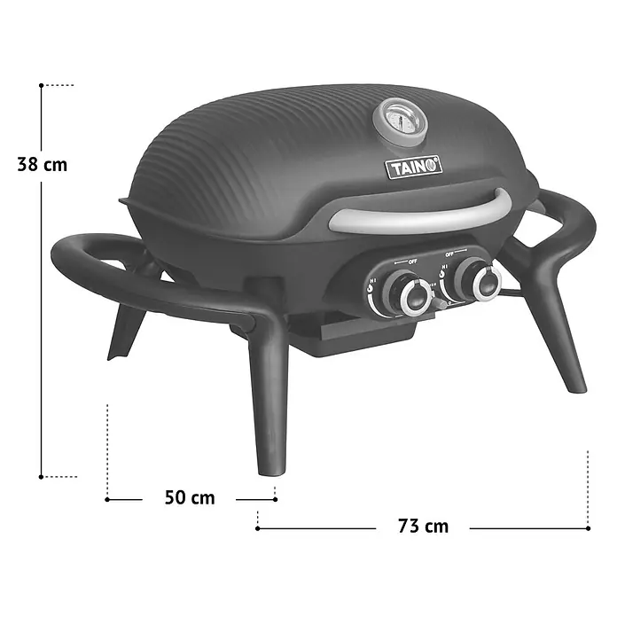 TAINO Gasgrill KENAI - 3,8 kW, Anzahl Brenner: 2 Stk. - Schwarzer tragbarer Gasgrill mit integriertem Thermometer und Drehreglern. Maße: 38 cm (H), 73 cm (B), 50 cm (T).