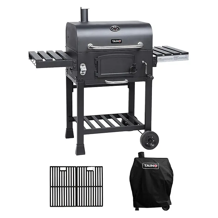 TAINO Holzkohlegrill HERO XL Set -  - Dunkelgrauer Holzkohlegrill aus Metall mit Seitenablagen, unterer Ablage, Rädern, inkl. Grillroste und schwarzer Abdeckung.