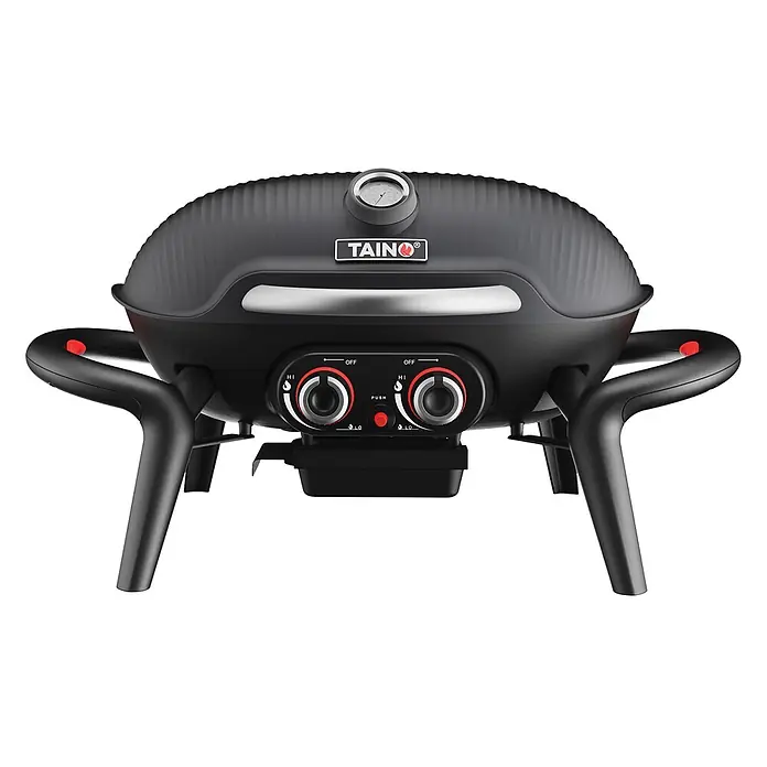 TAINO Gasgrill KENAI - 3,8 kW, Anzahl Brenner: 2 Stk. - Schwarzer tragbarer Gasgrill mit Temperaturanzeige, zwei Drehreglern und rotem Zündknopf auf stabilen Beinen.