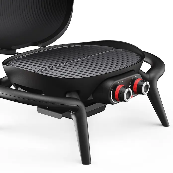 TAINO Gasgrill KENAI - 3,8 kW, Anzahl Brenner: 2 Stk. - Schwarzer tragbarer Grill mit offenem Deckel, Grillrosten und zwei rot-silbernen Bedienknöpfen.