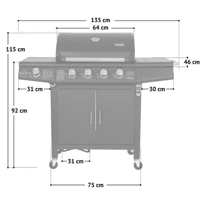 TAINO Gasgrill RED 4+1 - Anzahl Brenner: 4 Stk. - Dunkelgrauer Gasgrill mit vier Brennern, Seitenablagen und zweitürigem Schrank, 135 cm breit und 115 cm hoch.