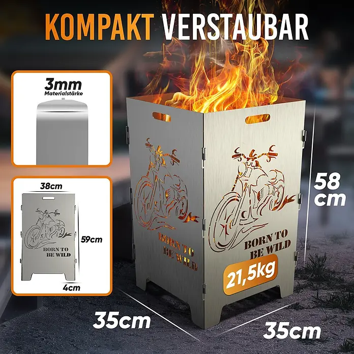 TiKo-Design Holzkohlegrill Feuerkorb-Born to be wild - Grau - Kompakter, silberfarbener Metall-Feuerkorb mit Motorrad-Design und Flammen. 3mm stark, 58cm hoch.