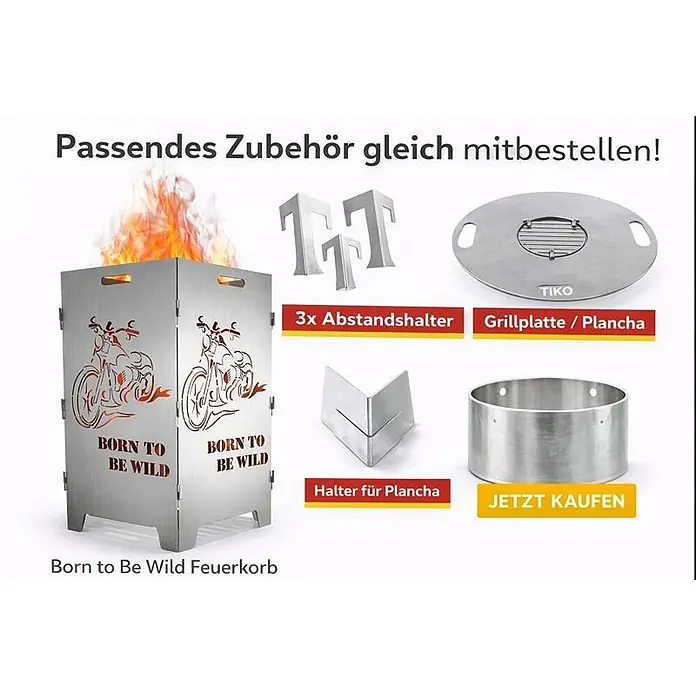 TiKo-Design Holzkohlegrill Feuerkorb-Born to be wild - Grau - Edelstahl Feuerkorb mit Motorrad-Design und passendem Grillzubehör.