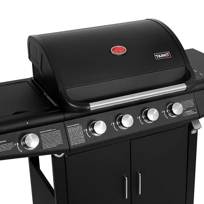 TAINO Gasgrill RED 4+1 - Anzahl Brenner: 4 Stk. - Schwarzer Gasgrill aus Metall mit geschlossenem Deckel, integriertem Thermometer, vier Reglern und einem Seitenbrenner.