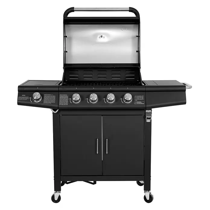 TAINO Gasgrill RED 4+1 - Anzahl Brenner: 4 Stk. - Schwarzer Gasgrill mit offenem Deckel, silbernen Bedienknöpfen, Seitenablagen und Schrank auf Rollen.