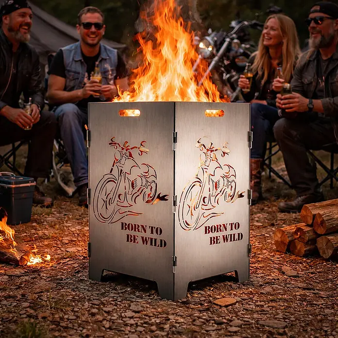 TiKo-Design Holzkohlegrill Feuerkorb-Born to be wild - Grau - Metallene Feuerschale mit Motorrad-Ausschnitten und "Born to be Wild" Schriftzug, brennend bei einem Treffen im Freien.