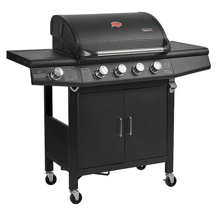 TAINO Gasgrill RED 4+1 - Anzahl Brenner: 4 Stk. - Schwarzer Gasgrill mit mehreren Brennern, Seitenablagen, Unterschrank und Rollen.