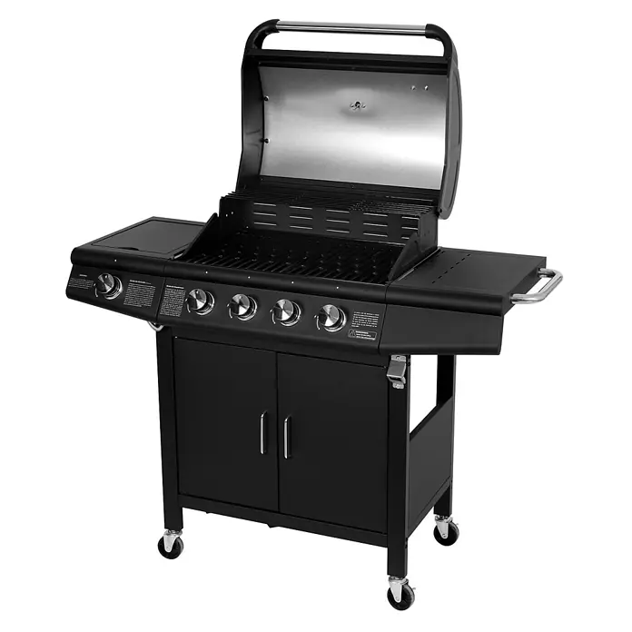 TAINO Gasgrill RED 4+1 - Anzahl Brenner: 4 Stk. - Schwarzer Gasgrill mit geöffnetem Deckel, Seitenbrenner, Bedienknöpfen, Schrank und Rollen.