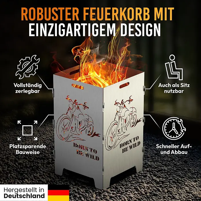 TiKo-Design Holzkohlegrill Feuerkorb-Born to be wild - Grau - Robuster, metallischer Feuerkorb mit einzigartigem Motorrad-Design und Flammen, auf Kieselsteinen stehend. Zerlegbar und als Sitz nutzbar.