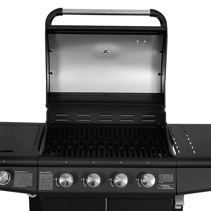 TAINO Gasgrill RED 4+1 - Anzahl Brenner: 4 Stk. - Schwarzer Gasgrill mit geöffnetem Deckel, der Kochroste und Bedienfeld zeigt.