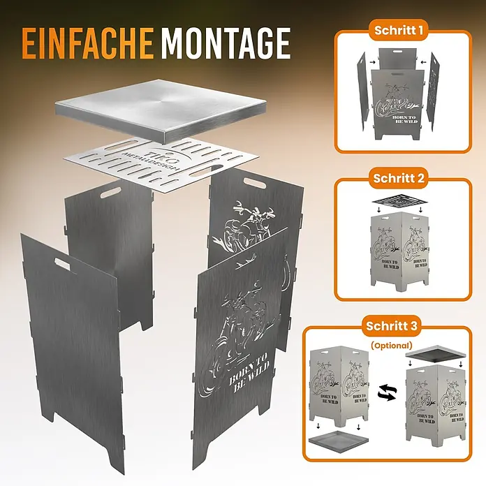 TiKo-Design Holzkohlegrill Feuerkorb-Born to be wild - Grau - Detaillierte Montageschritte für eine Feuerstelle aus gebürstetem Metall mit Motorradausschnitten, Grillrost und optionaler Bodenplatte/Abdeckung.