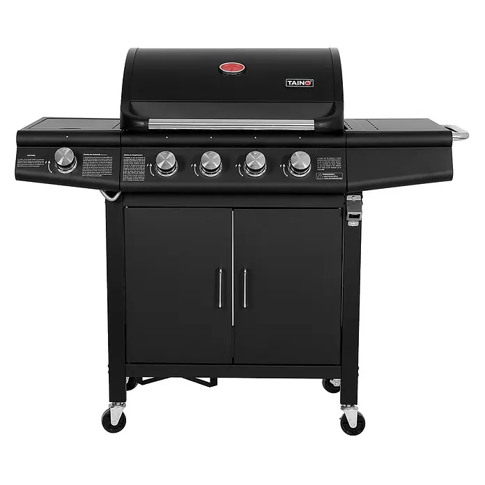 TAINO Gasgrill RED 4+1 - Anzahl Brenner: 4 Stk. - Schwarzer Gasgrill mit Edelstahlakzenten, Seitenablagen und Schrankfach auf Rollen.