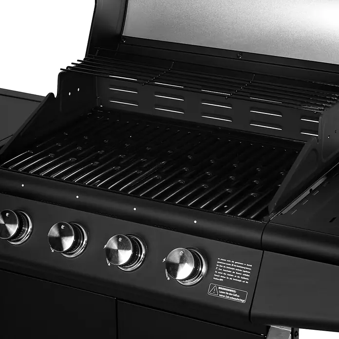 TAINO Gasgrill RED 4+1 - Anzahl Brenner: 4 Stk. - Nahaufnahme eines schwarzen Gasgrills mit Grillrosten, Warmhalterost und silbernen Bedienknöpfen.
