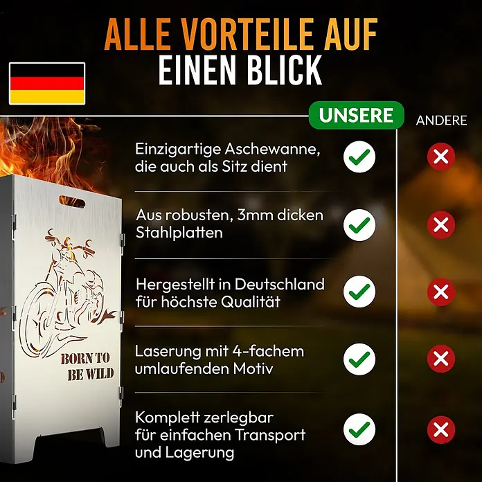 TiKo-Design Holzkohlegrill Feuerkorb-Born to be wild - Grau - Metallene Feuerschale aus gebürstetem Stahl mit Lasermotiv eines Motorrads und "Born to be Wild"-Schriftzug.