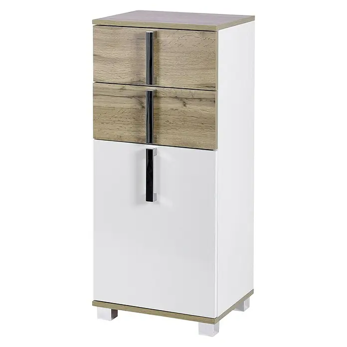 Schildmeyer Luca Unterschrank - 40 x 32 x 95 cm, Weiß/Wotaneiche - Attraktive Kommode mit zwei Holzschubladen und einer weißen Tür mit silbernen Griffen. Schlichtes, modernes Möbelstück.
