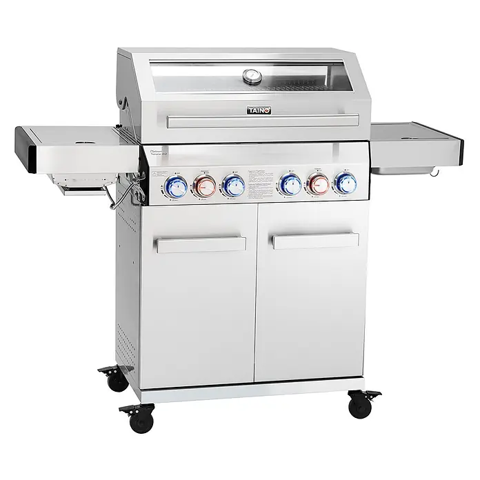 TAINO Gasgrill PLATINUM YAMARA 4+2 - Anzahl Brenner: 4 Stk. - Edelstahl-Gasgrill mit mehreren Brennern, Beistelltischen und einem Unterschrank auf Rollen.