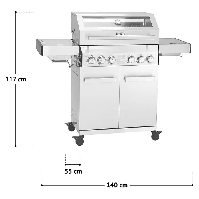 TAINO Gasgrill PLATINUM YAMARA 4+2 - Anzahl Brenner: 4 Stk. - Edelstahl-Gasgrill mit mehreren Brennern, Seitenablagen und Unterschrank auf Rollen.