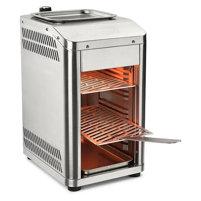 TAINO Gasgrill Design - 3,5 kW - Gebürsteter Edelstahl-Vertikaltoaster mit zwei glühenden Einschubgittern, eines teilweise herausgezogen, und einer oberen Warmhalteschale.
