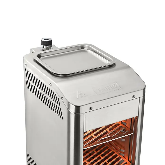 TAINO Gasgrill Design - 3,5 kW - Nahaufnahme eines Smokers/Ofens aus gebürstetem Edelstahl mit Bedienknopf, oberer Ablageschale und beleuchteten Innenrosten.