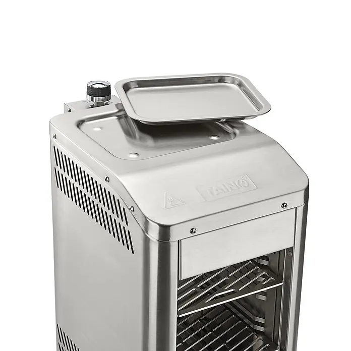TAINO Gasgrill Design - 3,5 kW - Kompakter silberner Edelstahl-Smoker mit Drehknopf, abnehmbarem Oberblech und inneren Grillrosten.
