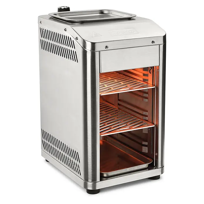 TAINO Gasgrill Design - 3,5 kW - Edelstahl-Speisewärmer mit beleuchtetem Innenraum, zwei Rosten, Bodenschale und oberer Wasserwanne.