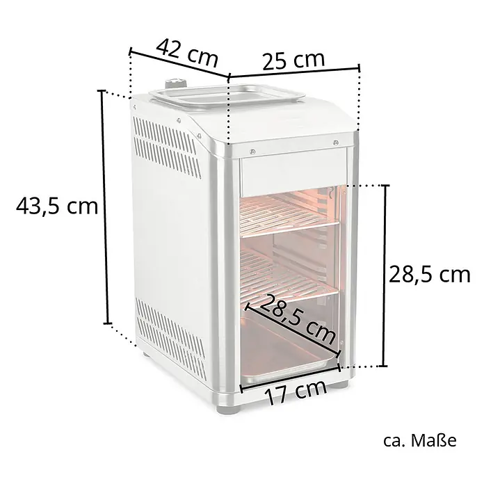 TAINO Gasgrill Design - 3,5 kW - Edelstahl-Räucherofen/Dörrgerät mit Gesamtmaßen: 43,5 cm H, 25 cm B, 42 cm T. Innenraum: 28,5 cm H, 28,5 cm B, 17 cm T.