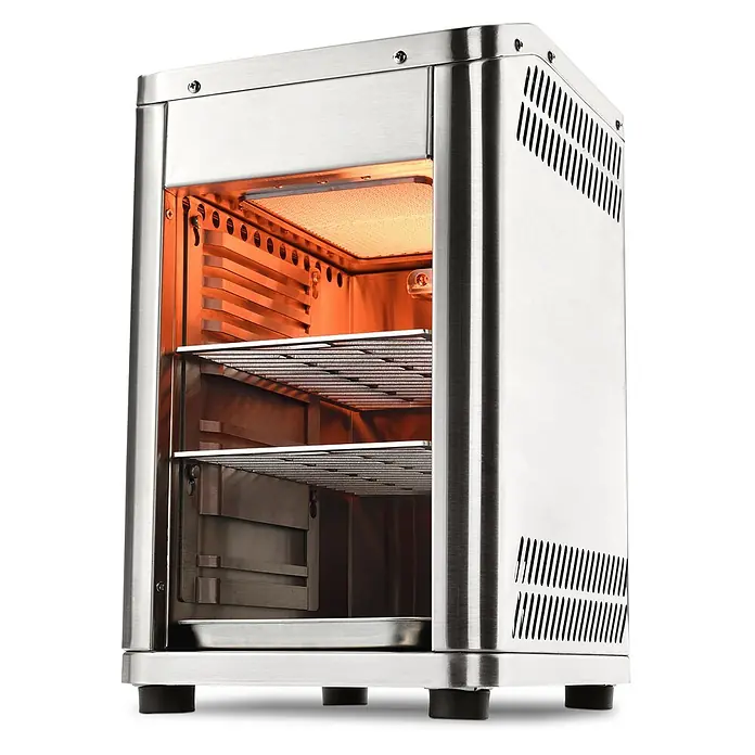 TAINO Gasgrill Design - 3,5 kW - Vertikaler Edelstahl-Bräter mit beleuchtetem Innenraum, zwei Grillrosten und einer Auffangschale.