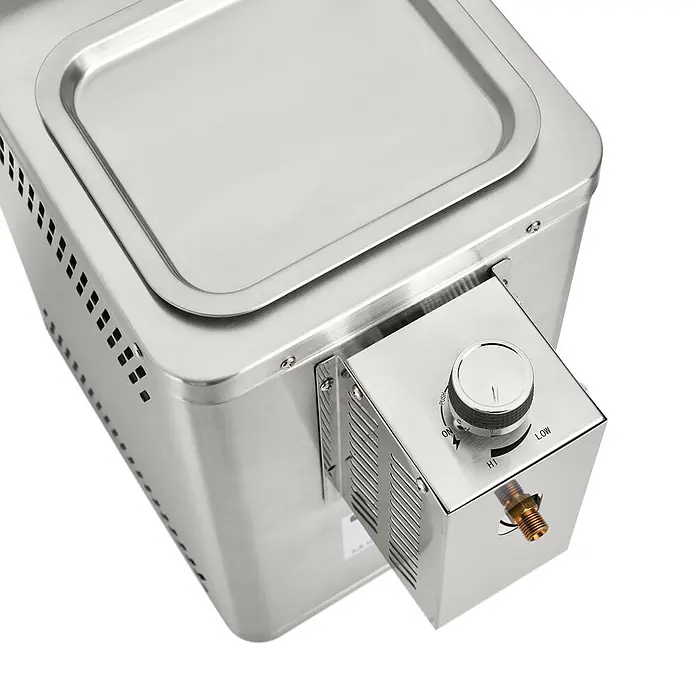 TAINO Gasgrill Design - 3,5 kW - Tragbarer Gasgrill aus Edelstahl mit einer vertieften Ablagefläche, seitlicher Belüftung und einem Bedienknopf für Zündung und Temperatur.