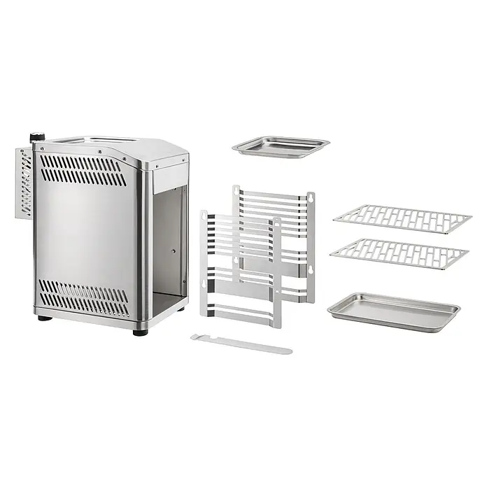 TAINO Gasgrill Design - 3,5 kW - Zerlegter Dörrautomat aus Edelstahl mit Haupteinheit, Einschubgittern, zwei Rosten und zwei Auffangschalen.