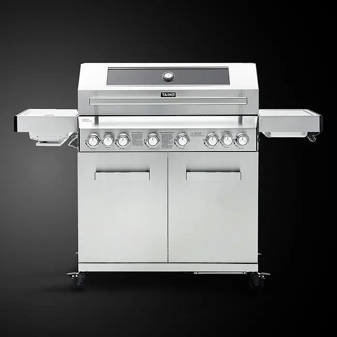 TAINO Gasgrill PLATINUM YAMARA 6+2 - Anzahl Brenner: 6 Stk. - Edelstahl-TAINO-Gasgrill mit Seitenablagen, mehreren Bedienknöpfen, Deckelthermometer und Unterschrank auf Rollen.
