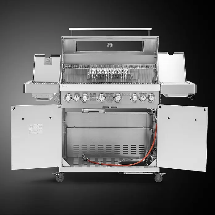 TAINO Gasgrill PLATINUM YAMARA 6+2 - Anzahl Brenner: 6 Stk. - Offener Edelstahl-Gasgrill mit Kochrosten, Bedienfeld, Seitenbrennern und sichtbarem Gasschlauch im geöffneten Unterschrank.