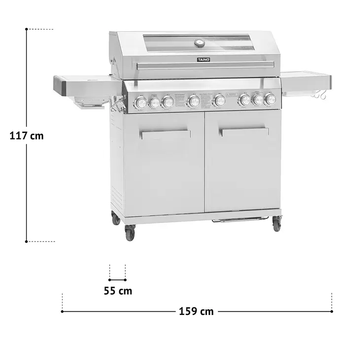 TAINO Gasgrill PLATINUM YAMARA 6+2 - Anzahl Brenner: 6 Stk. - Edelstahl-Gasgrill mit Seitenablagen und Unterschrank, auf Rollen. Maße: 159x55x117 cm.