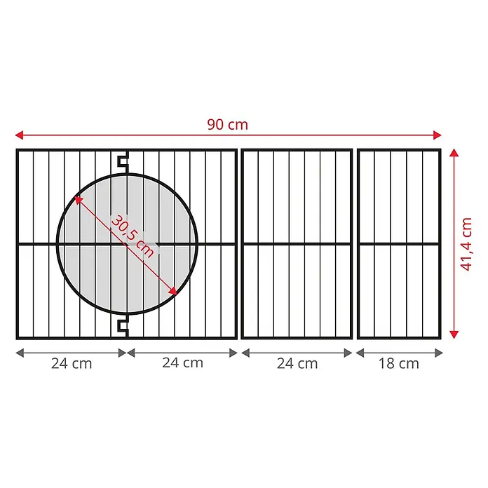 TAINO Gasgrill PLATINUM YAMARA 6+2 - Anzahl Brenner: 6 Stk. - Modulares schwarzes Grillrost, 90x41,4 cm, mit 30,5 cm grauem Rund-Einsatz und Maßangaben.