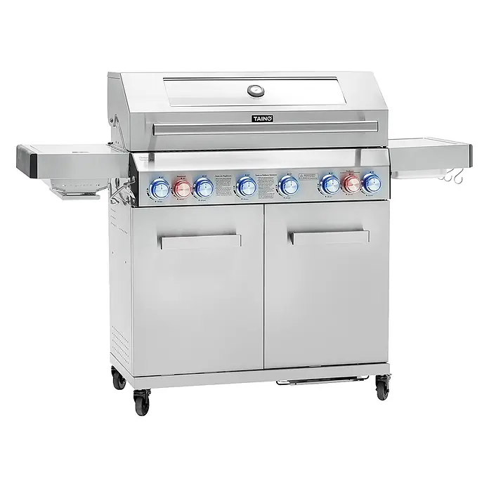 TAINO Gasgrill PLATINUM YAMARA 6+2 - Anzahl Brenner: 6 Stk. - Edelstahl Gasgrill mit mehreren Brennern, beleuchteten Bedienknöpfen, Seitenablagen und Schrankfach auf Rollen.