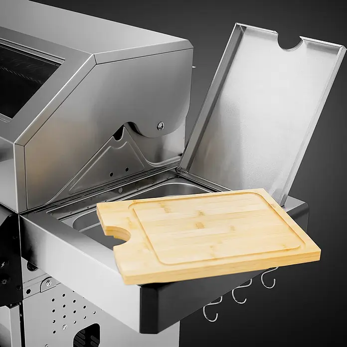 TAINO Gasgrill PLATINUM YAMARA 6+2 - Anzahl Brenner: 6 Stk. - Edelstahl-Grill-Seitenablage mit integriertem Spülbecken, Bambus-Schneidebrett und Zubehörhaken.