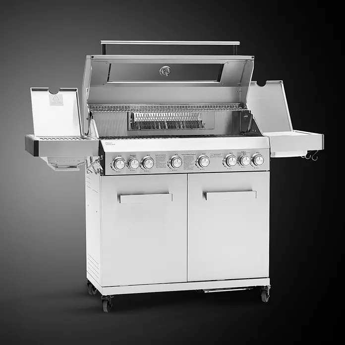 TAINO Gasgrill PLATINUM YAMARA 6+2 - Anzahl Brenner: 6 Stk. - Gasgrill aus Edelstahl mit offenem Deckel, Grillrosten, Bedienfeld, Seitenablagen und unteren Schranktüren, auf Rollen.