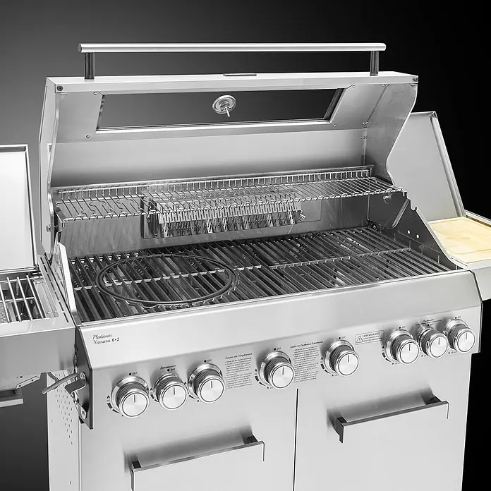TAINO Gasgrill PLATINUM YAMARA 6+2 - Anzahl Brenner: 6 Stk. - Geöffneter Edelstahl-Gasgrill mit mehreren Brennern, Bedienknöpfen, Rosten und Thermometer im Deckel, inklusive Seitenbrenner.