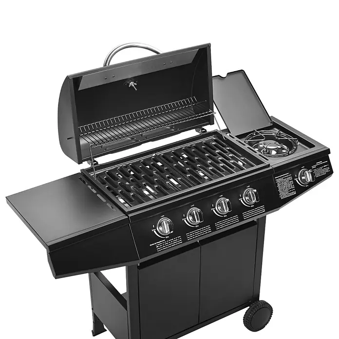 TAINO Gasgrill BASIC 4+1 - Anzahl Brenner: 4 Stk. - Schwarzer Gasgrill mit offenem Deckel, Seitenbrenner und Bedienknöpfen.