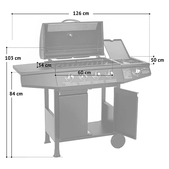 TAINO Gasgrill BASIC 4+1 - Anzahl Brenner: 4 Stk. - Schwarzer Gasgrill mit Seitenbrenner, mit Maßen dargestellt.