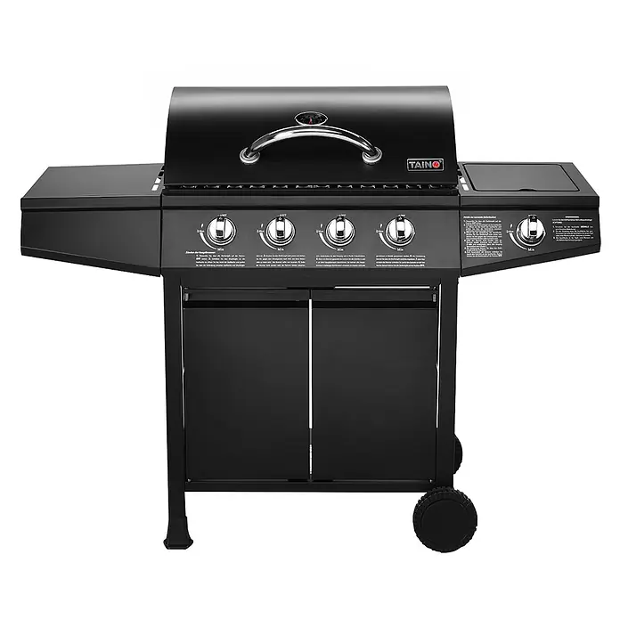 TAINO Gasgrill BASIC 4+1 - Anzahl Brenner: 4 Stk. - Schwarzer Gasgrill mit vier Hauptbrennern, einem Seitenbrenner, Chromgriff und Unterschrank auf Rollen.