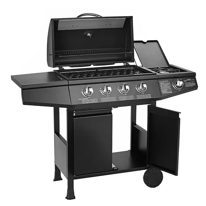 TAINO Gasgrill BASIC 4+1 - Anzahl Brenner: 4 Stk. - Schwarzer Gasgrill mit mehreren Brennern, geöffnetem Deckel, Seitenablagen und offenem Unterschrank mit Rad.