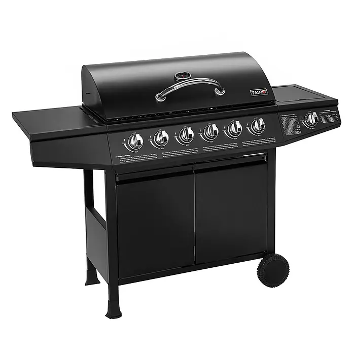 TAINO Gasgrill BASIC 6+1 - Anzahl Brenner: 6 Stk. - Schwarzer Gasgrill mit sechs Brennern, Seitenablagen, einem Deckel und einem Unterschrank auf Rädern.