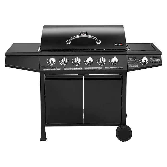 TAINO Gasgrill BASIC 6+1 - Anzahl Brenner: 6 Stk. - Schwarzer Gasgrill mit sechs Brennern, Seitenablagen, einem Deckel und einem geschlossenen Unterschrank mit Rollen.