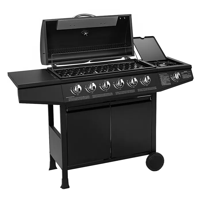 TAINO Gasgrill BASIC 6+1 - Anzahl Brenner: 6 Stk. - Schwarzer Gasgrill aus Metall mit mehreren Brennern, Seitenbrenner, offenem Deckel und Unterschrank auf Rädern.