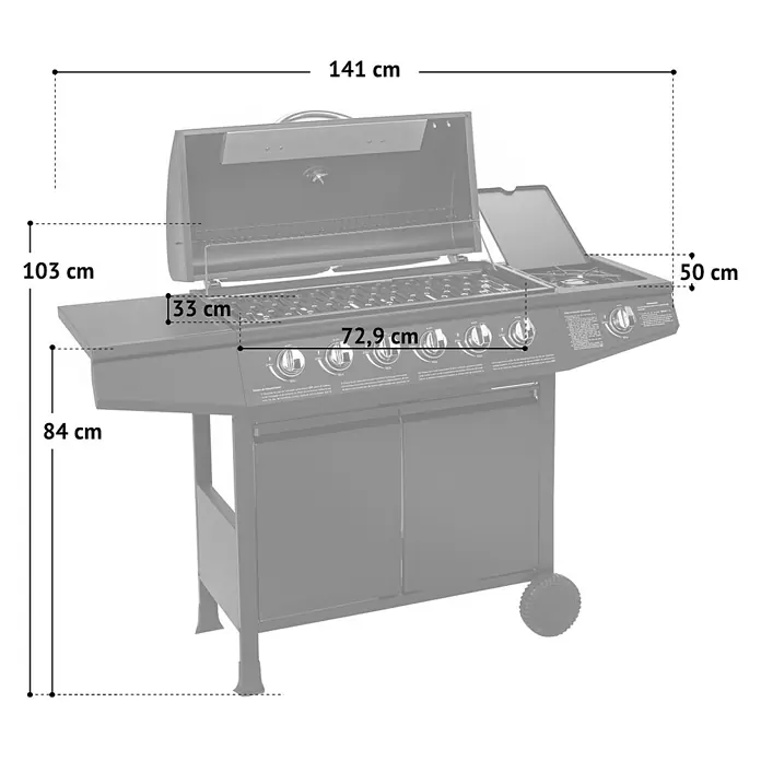 TAINO Gasgrill BASIC 6+1 - Anzahl Brenner: 6 Stk. - Dunkelgrauer Gasgrill mit geöffnetem Deckel, mehreren Brennern, Seitenbrenner und Rädern. Maße: 141 cm breit, 103 cm hoch, 50 cm tief.