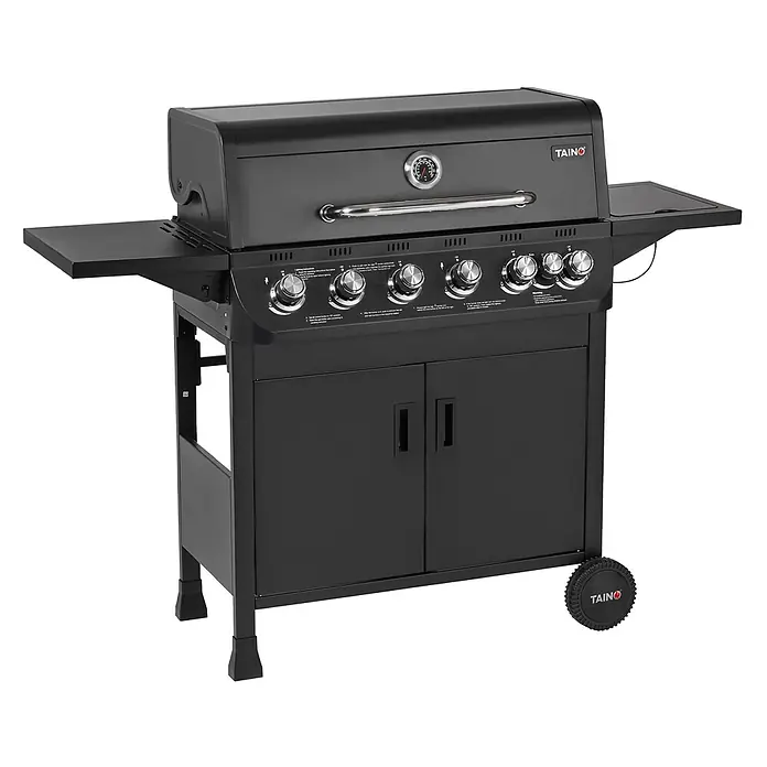 TAINO Gasgrill BRANDO 6+1 - Anzahl Brenner: 6 Stk. - Schwarzer Gasgrill mit sechs Drehknöpfen, integriertem Thermometer, zwei Seitenablagen, Unterschrank und Rädern.