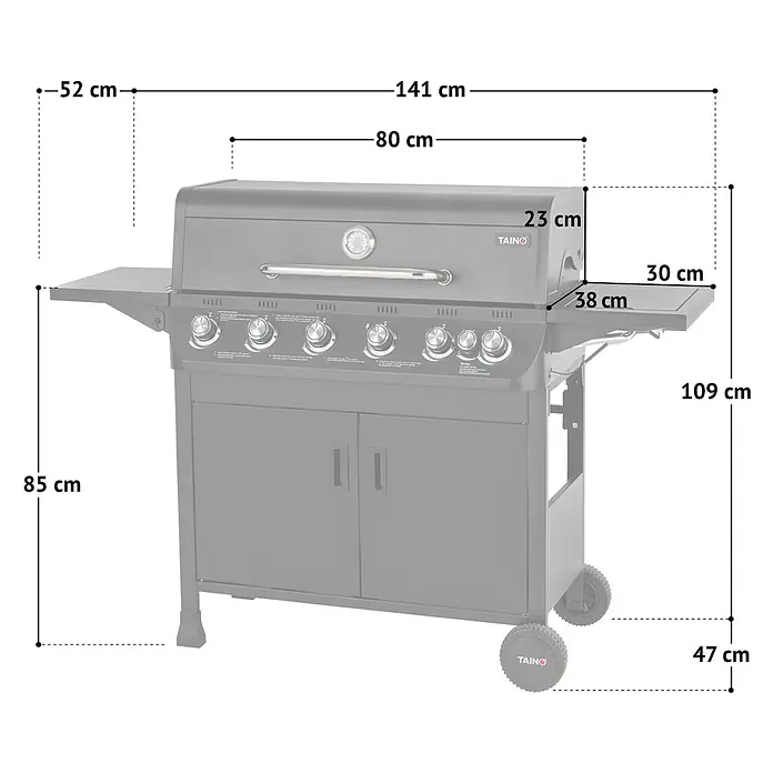 TAINO Gasgrill BRANDO 6+1 - Anzahl Brenner: 6 Stk. - Dunkelgrauer Gasgrill mit Seitenablagen und Unterschrank, der verschiedene Maße für Breite, Tiefe und Höhe anzeigt.