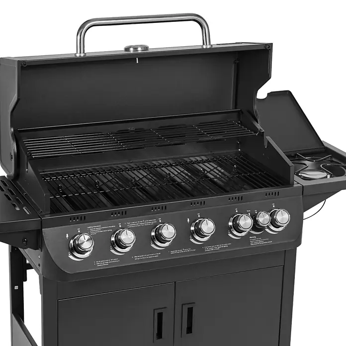 TAINO Gasgrill BRANDO 6+1 - Anzahl Brenner: 6 Stk. - Schwarzer Gasgrill mit Seitenbrenner, Deckel und mehreren Bedienknöpfen, ausgestattet mit Grillrosten und Unterschränken.