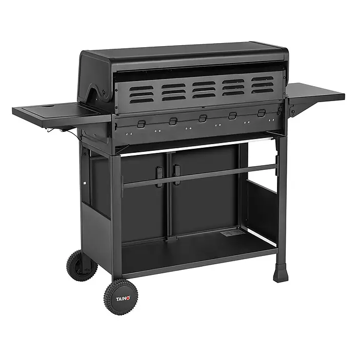 TAINO Gasgrill BRANDO 6+1 - Anzahl Brenner: 6 Stk. - Schwarzer Grill mit geschlossenem Deckel, zwei Seitenablagen und Rädern, sowie einem Unterschrank für Aufbewahrung.