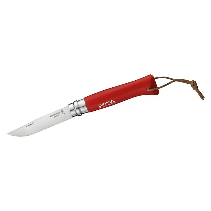 Opinel Taschenmesser No.8 - Klingenlänge: 80 mm, Rot, Mit Kunstlederetui - Opinel Taschenmesser mit rotem Griff und Lederband, ideal für Outdoor-Aktivitäten und den täglichen Gebrauch.